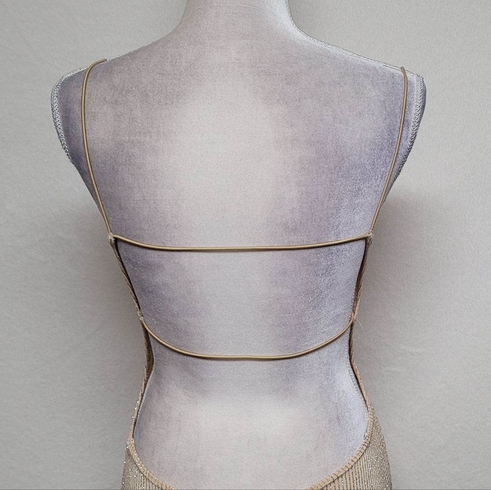 80s Vintage City Triangles Gold Metallic Knit Strappy Backless Slit Maxi Dress M - Picture 10 of 14